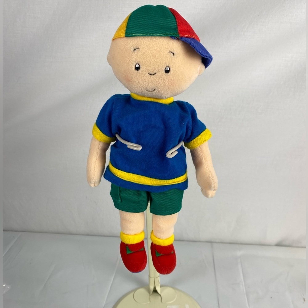 Cinar Caillou Plush Doll Yellow Shirt Blue Shorts Baseball Cap Ragdoll 10”